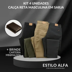 Kit 4 Calça Reta Masculina em Sarja + Brinde carteira minimalista